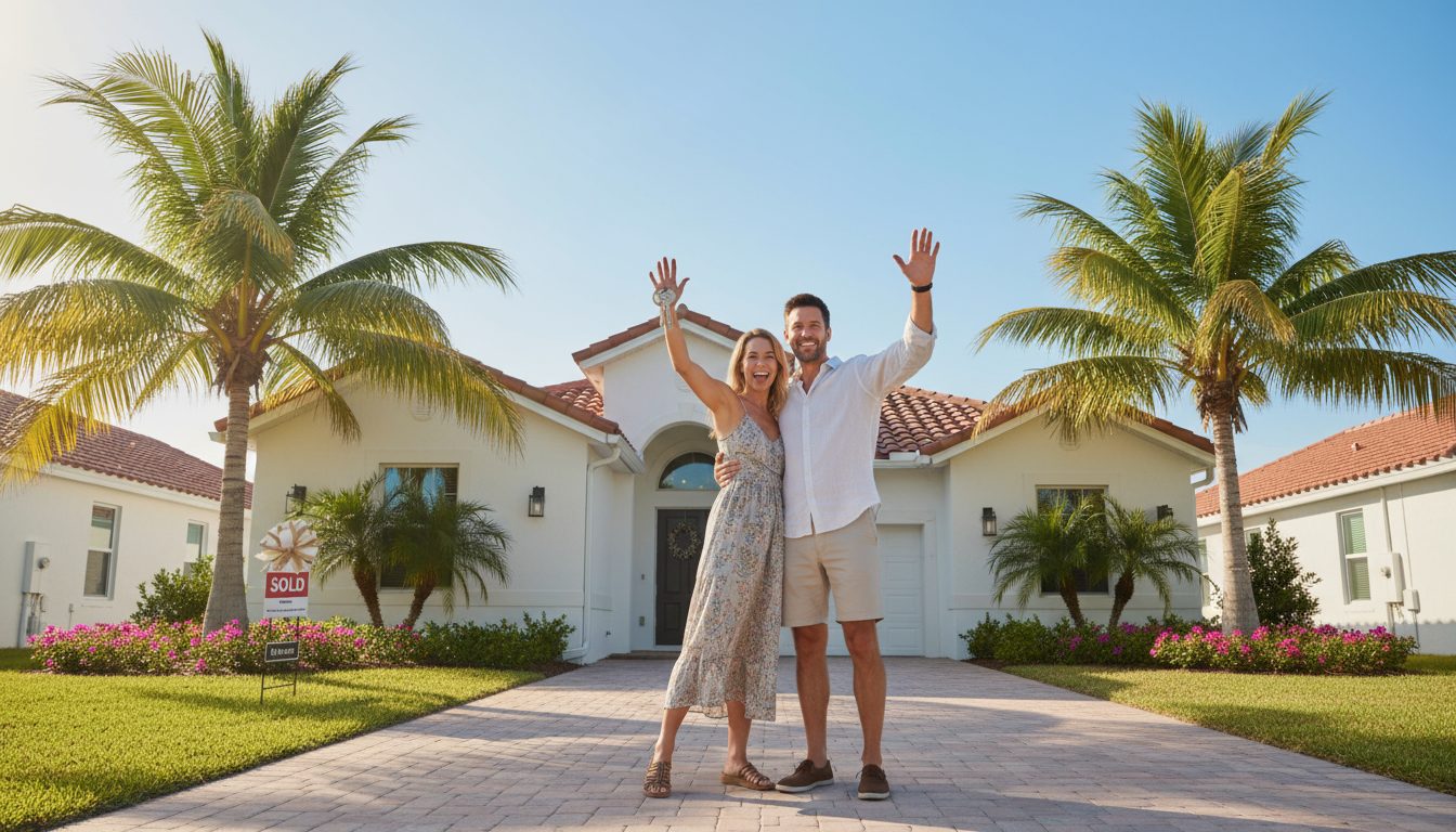 Happy new Florida homeowners standing in front of their Orlando home after closing, smiling with Sunnyhill Financial mortgage support.