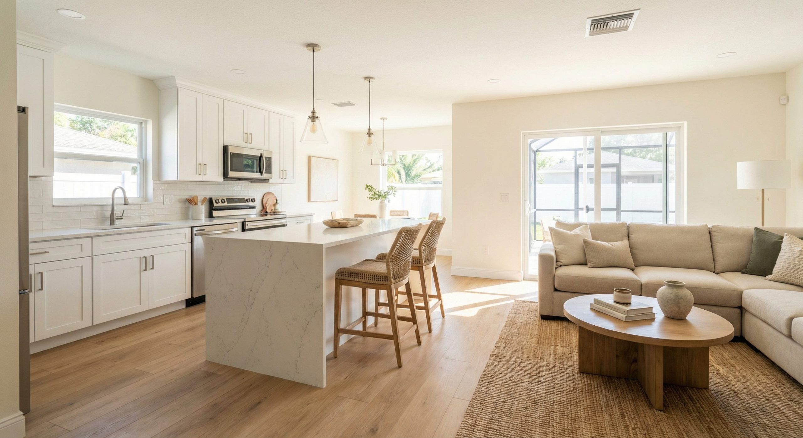Bright modern Orlando home interior with open‑concept kitchen, new finishes, and natural light — a ready‑to‑move home perfect for Florida buyers.