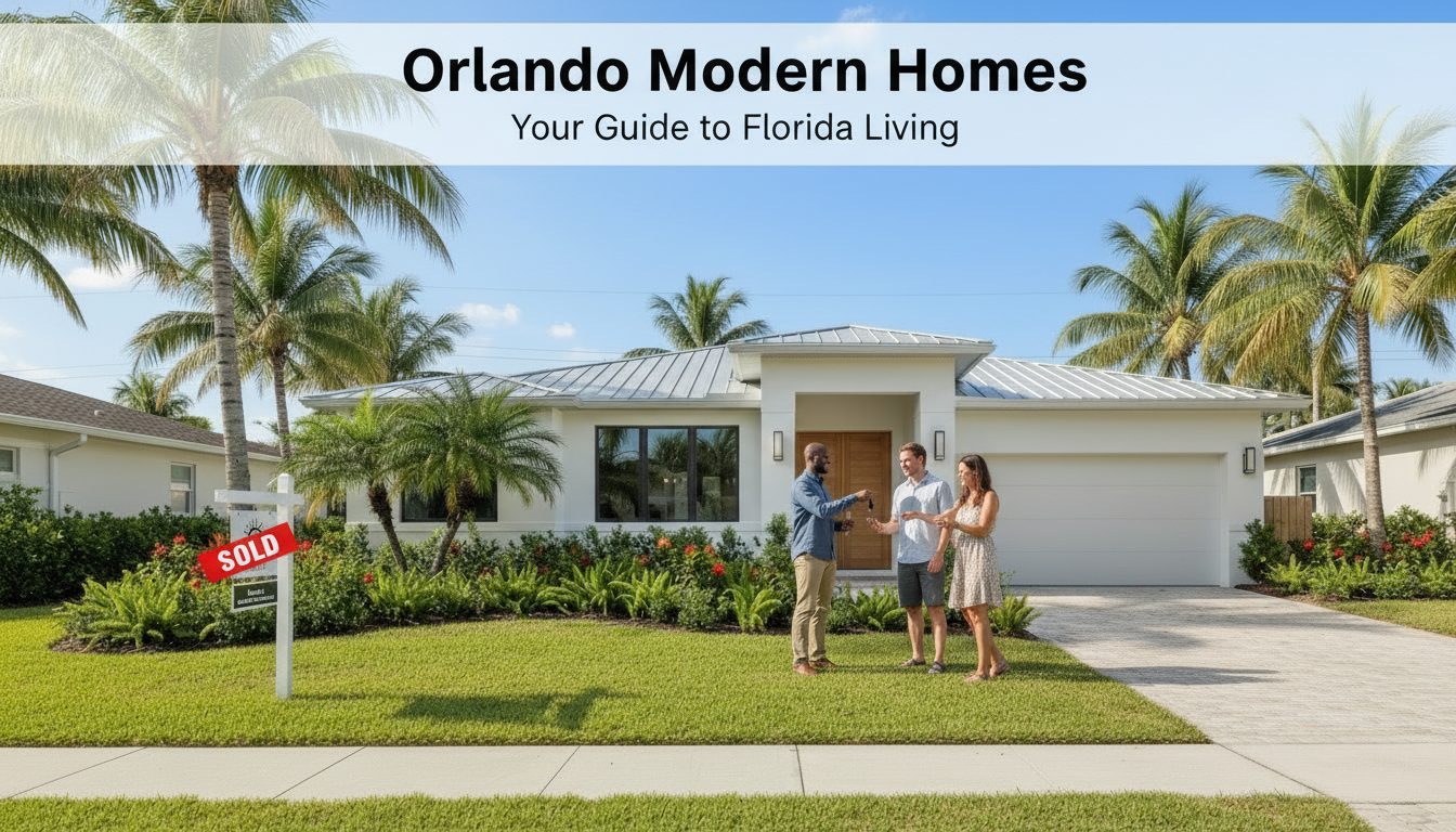 Orlando real estate agent handing house keys to smiling couple in front of a modern Florida home with Sold sign and palm trees under bright blue sky
