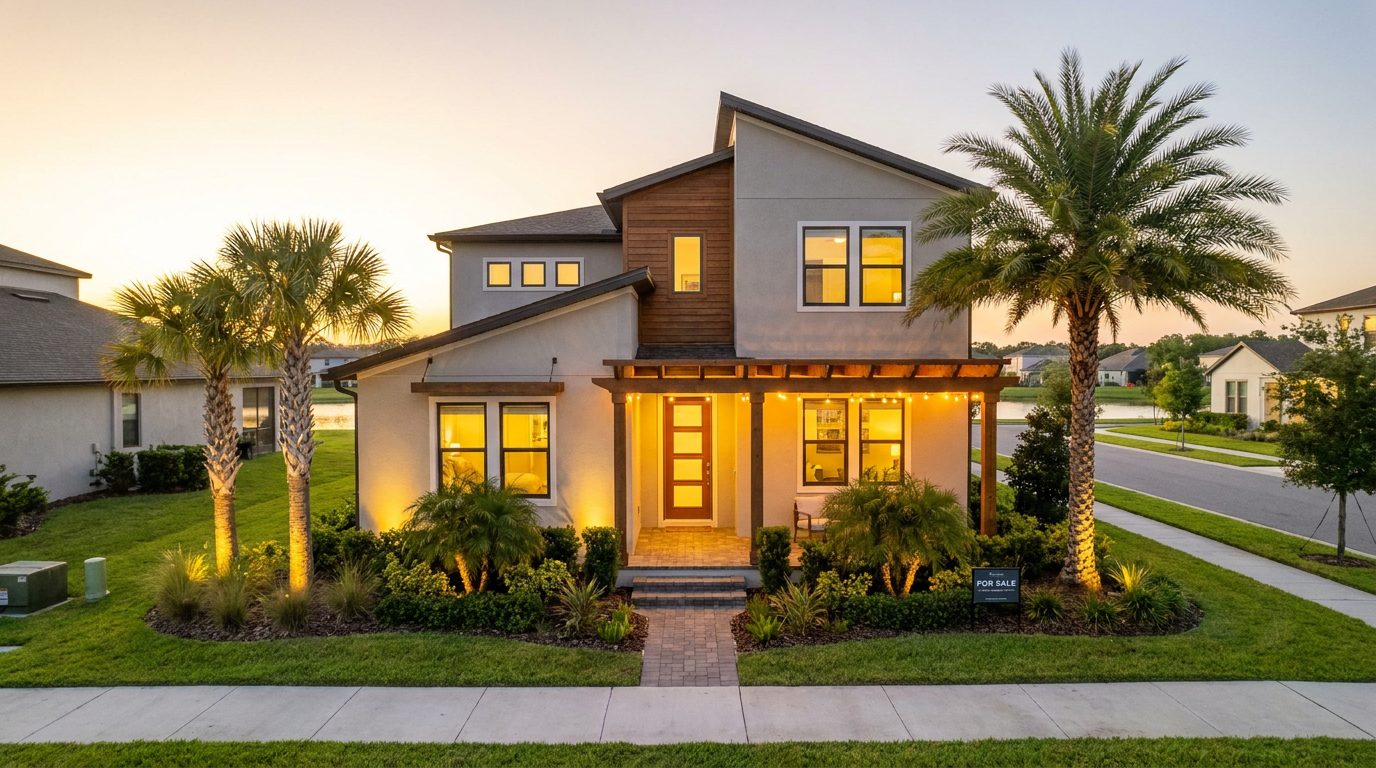 Modern home exterior in Sanford Florida with palm trees and sunset lighting