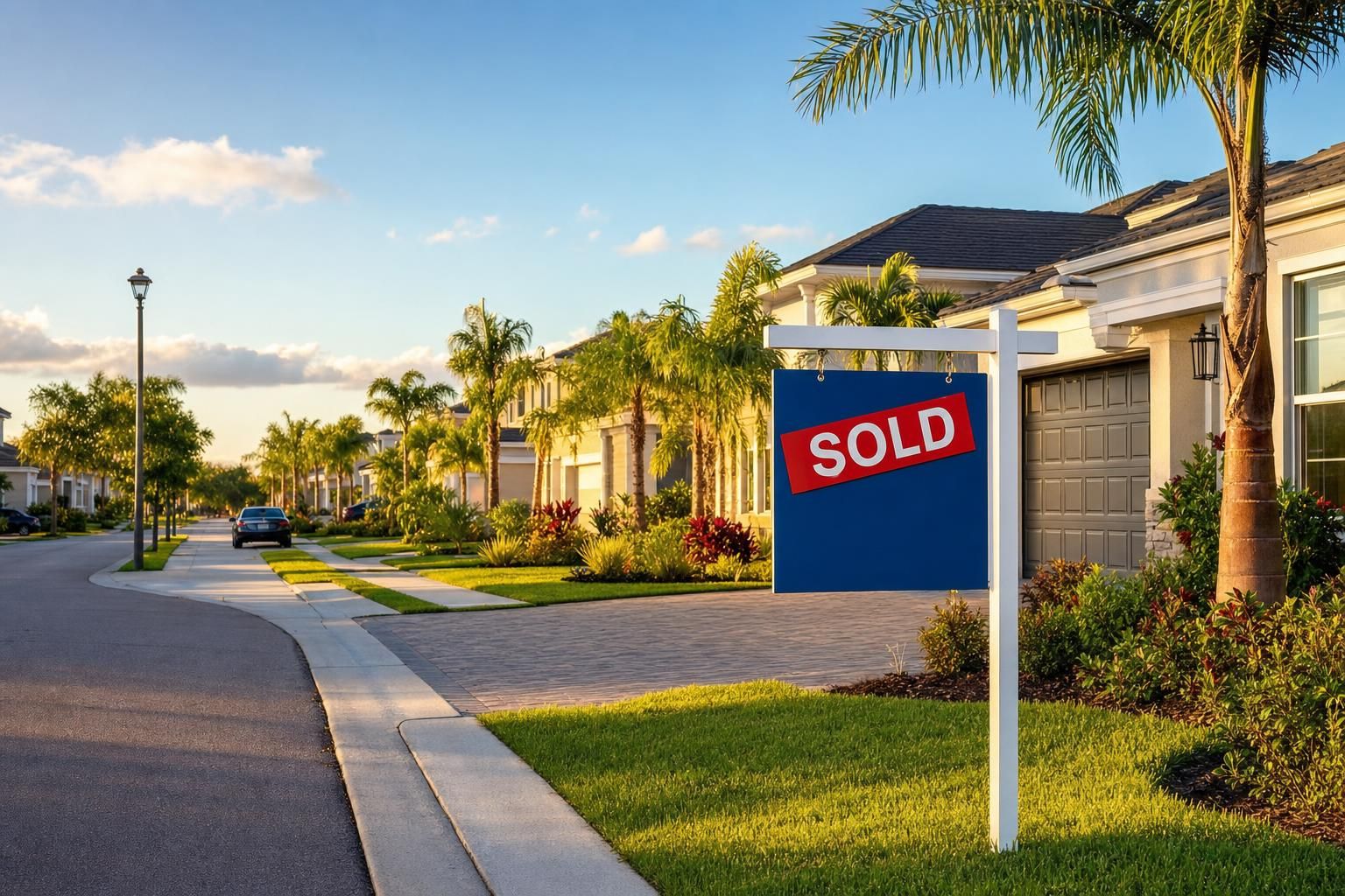 Sunny suburban Orlando, Florida neighborhood with a For Sale sign