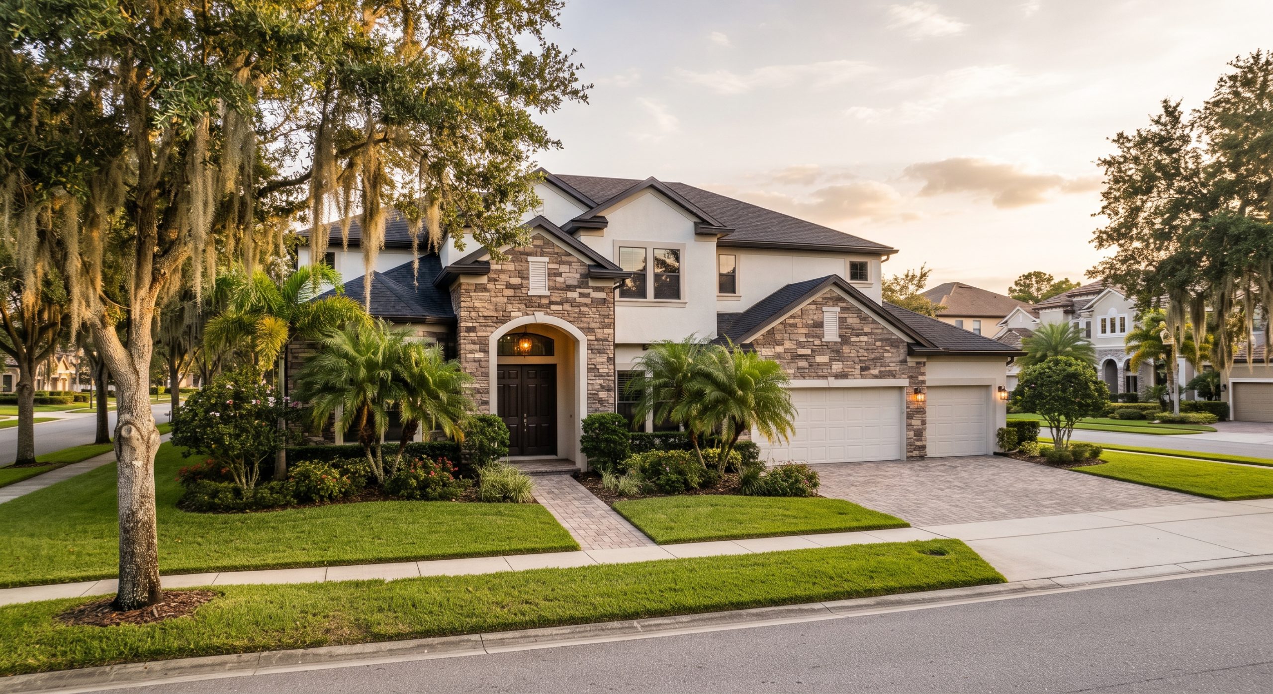 Central Florida suburban home exterior with stone accents, paver driveway, and oak trees for Robert Sullivan Real Estate