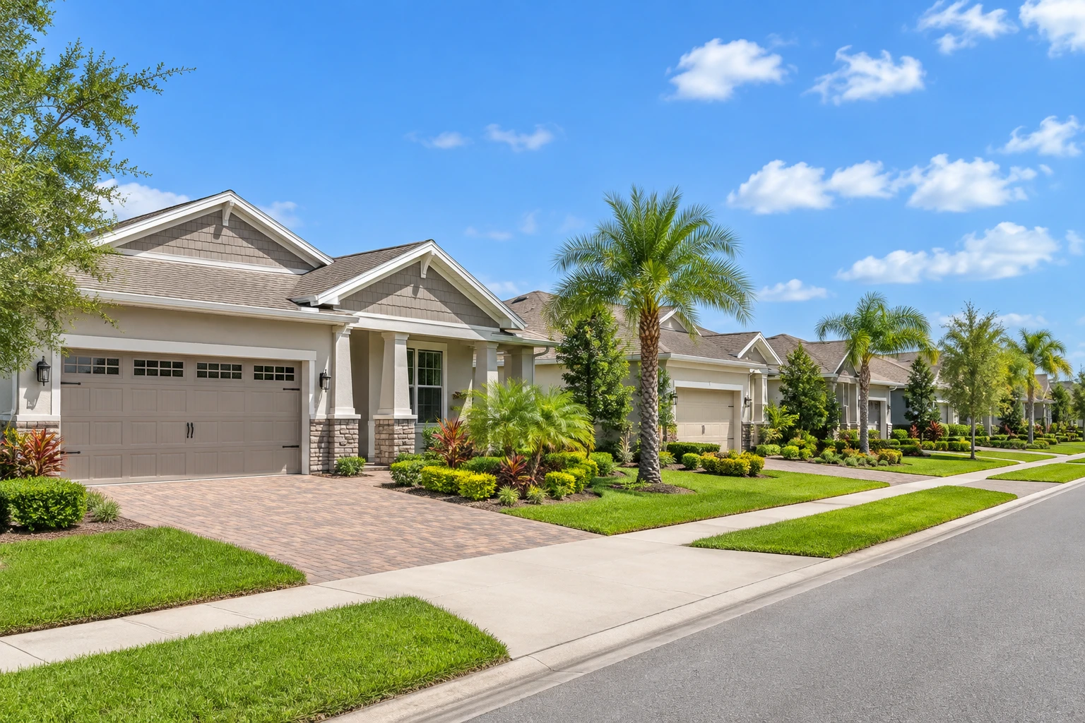 A modern 55 plus active adult community clubhouse in Central Florida with brick-paved walkways and lush greenery under a sunny blue sky.
